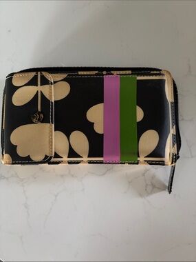 Black Floral Wallet with Pink & Green Stripe and phone holder BY ORLA KIELY